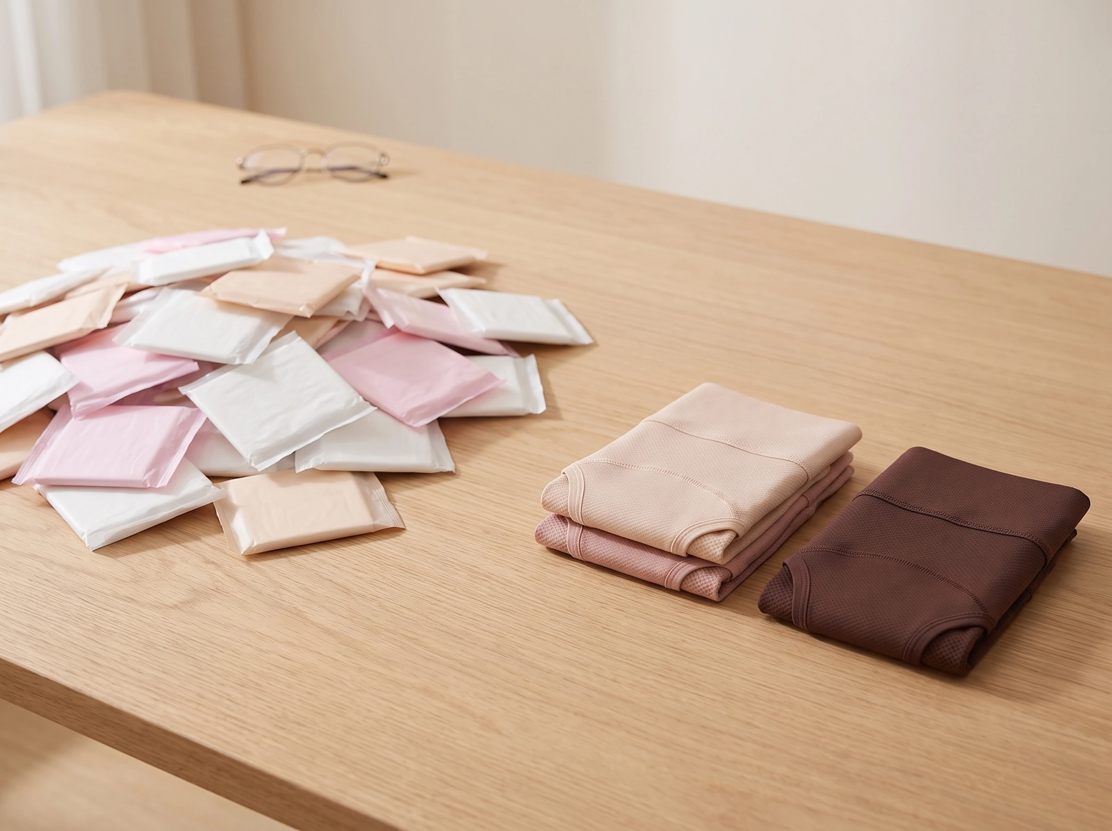 Pile de protections jetables à côté de culottes pliées