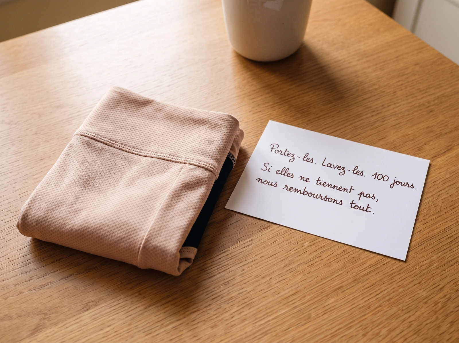 Culotte pliée à côté d'une carte manuscrite